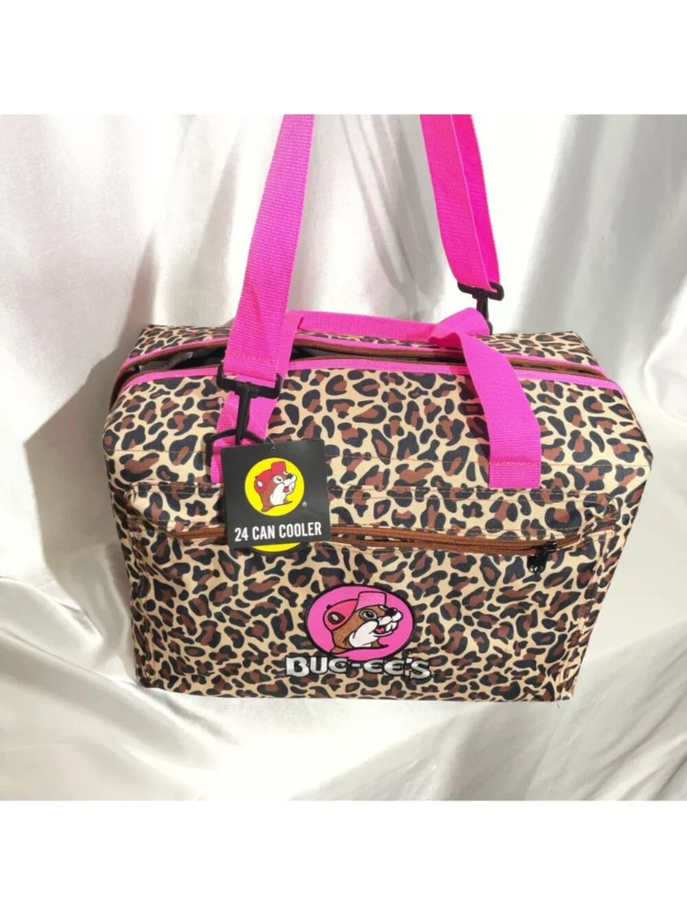 Buc-ees Leopard Print 24-Can Cooler Bag With Pink Handles Insulated Design Zippe - Picture 8 of 9